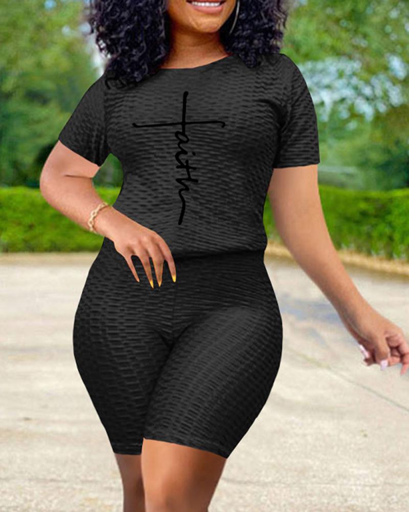 

Letter Print Textured Casual Top & Shorts Set, Black