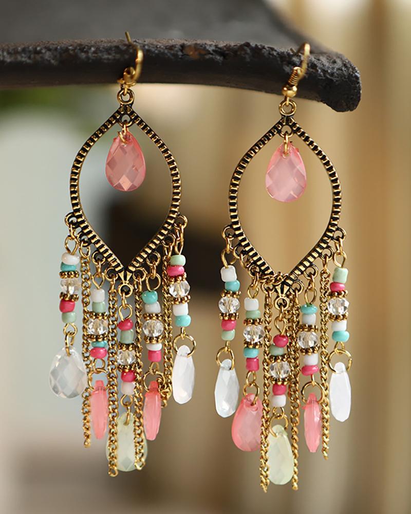 

1Pair Retro Gem Stone Beaded Bohemian Tear Drop Earring, Pink