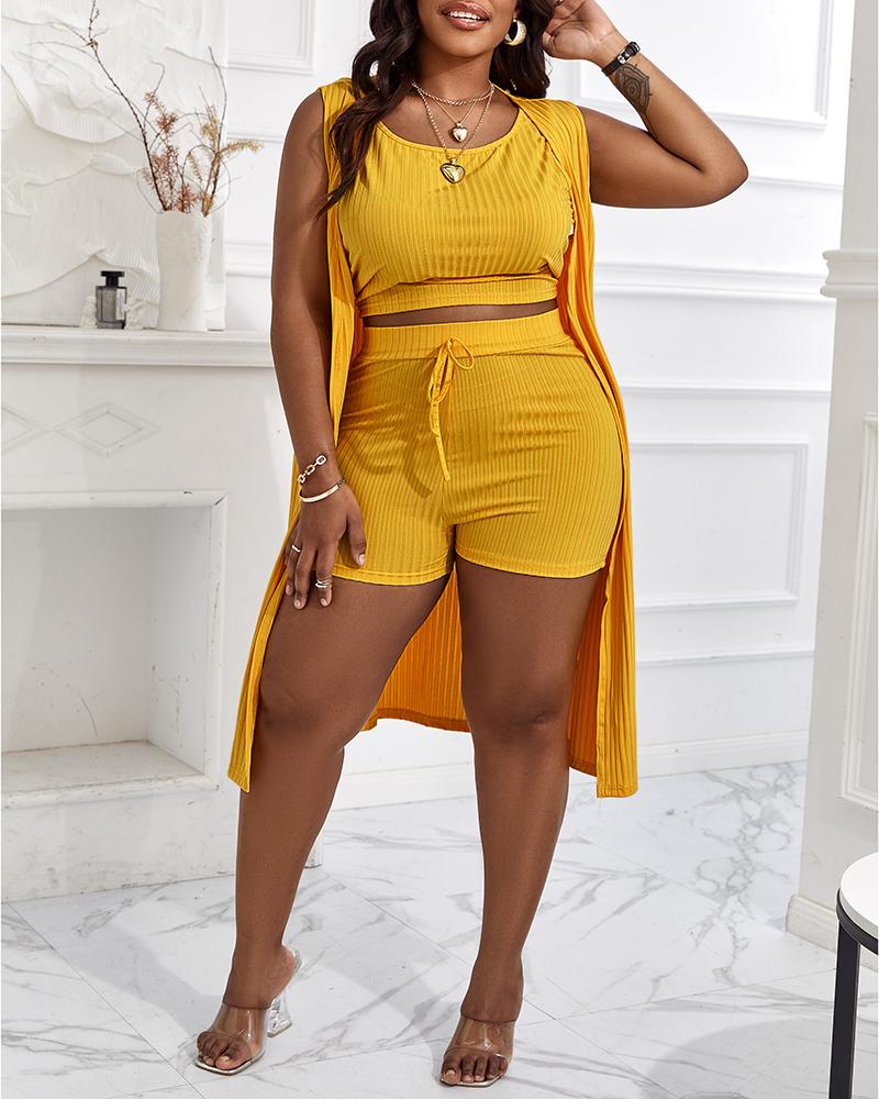 

Plus Size 3PCS Ribbed Crop Tank Top & Shorts Set With Vest Coat, Yellow