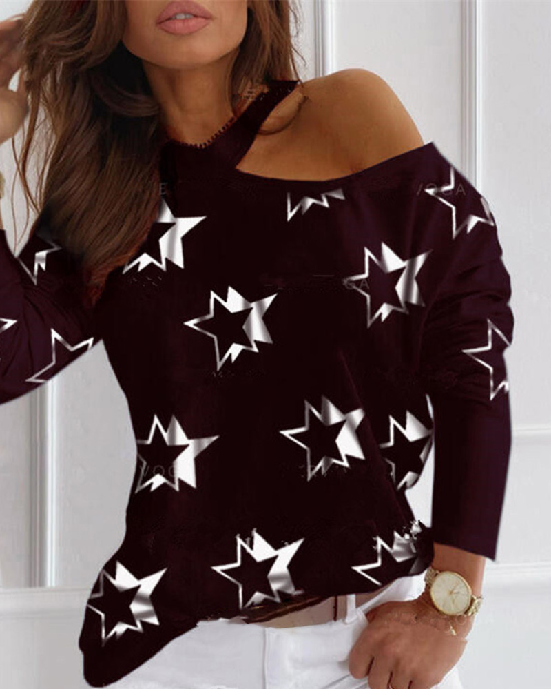 

Star Print Cold Shoulder Casual T-shirt, Wine red