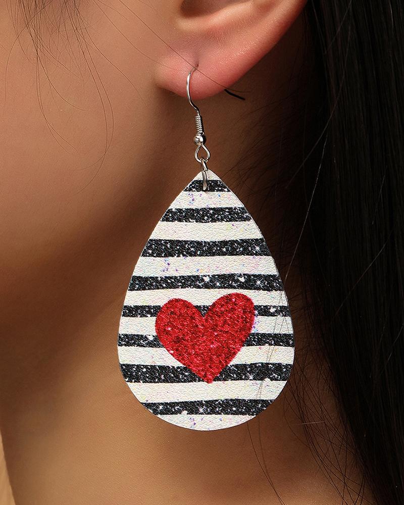 

Valentine's Day Waterdrop Shaped Striped Heart Print Earrings, Red