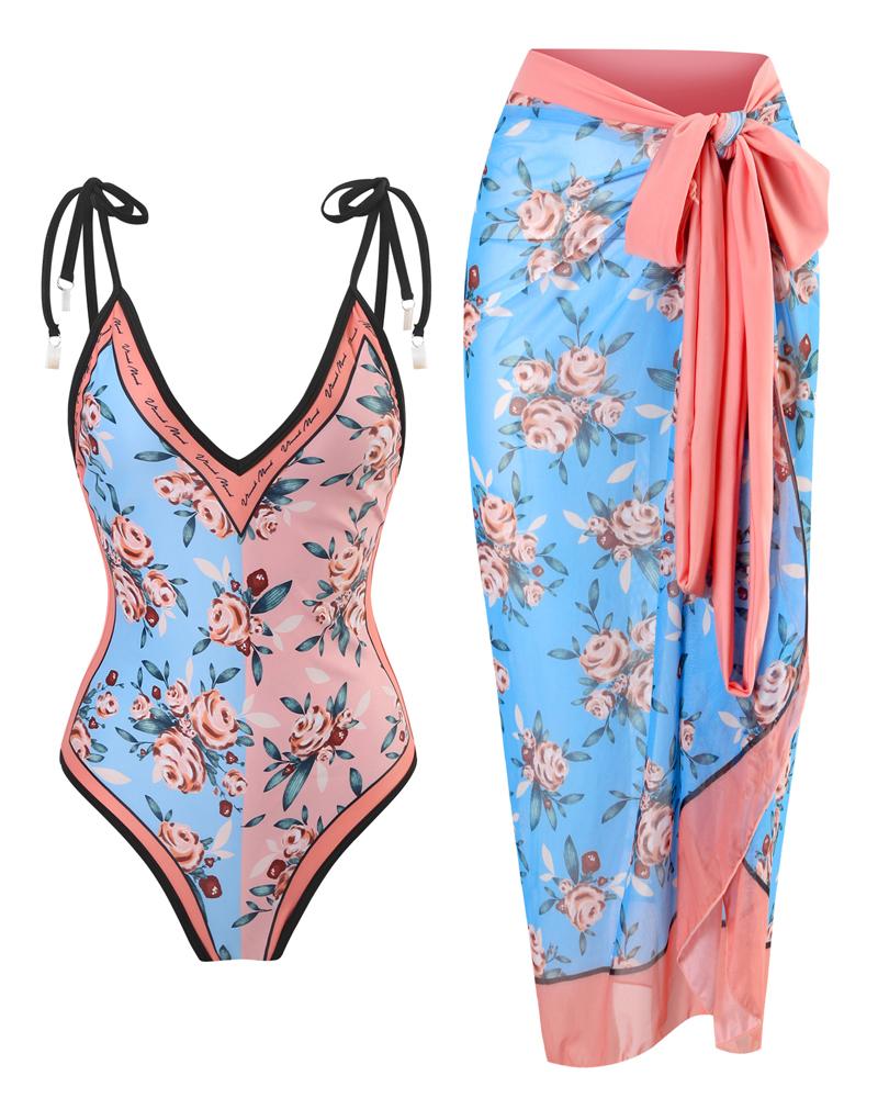 

Colorblock Floral Print One-Piece Swimsuit With Cover Up, Pink