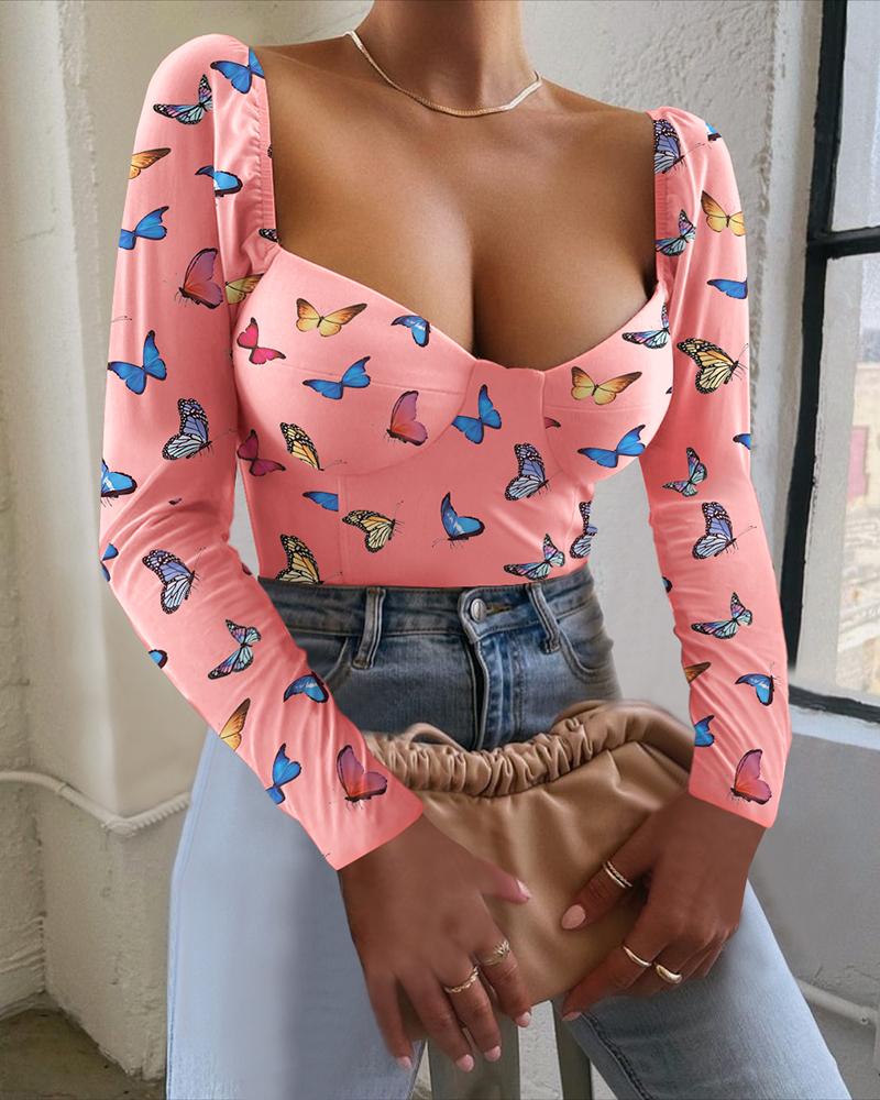 

Butterfly Print long Sleeve Top, Multicolor