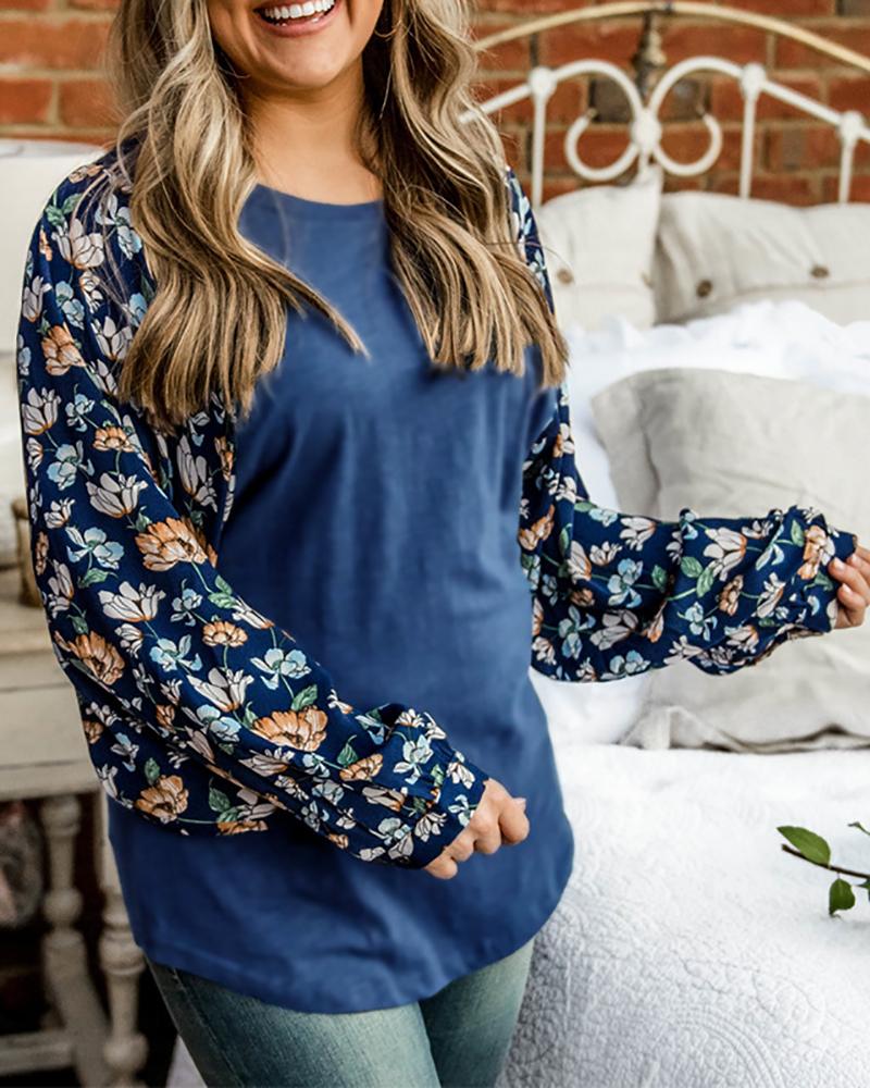 

Floral Print Colorblock Knit Casual Top, Blue