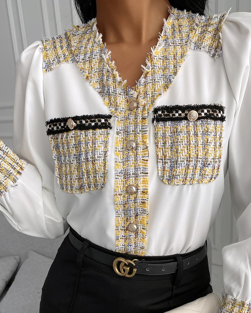

Tweed Patch Pocket Puff Sleeve Top, Yellow
