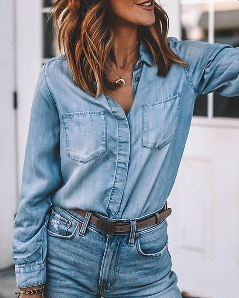 

Pocket Design Long Sleeve Casual Denim Shirt, Blue