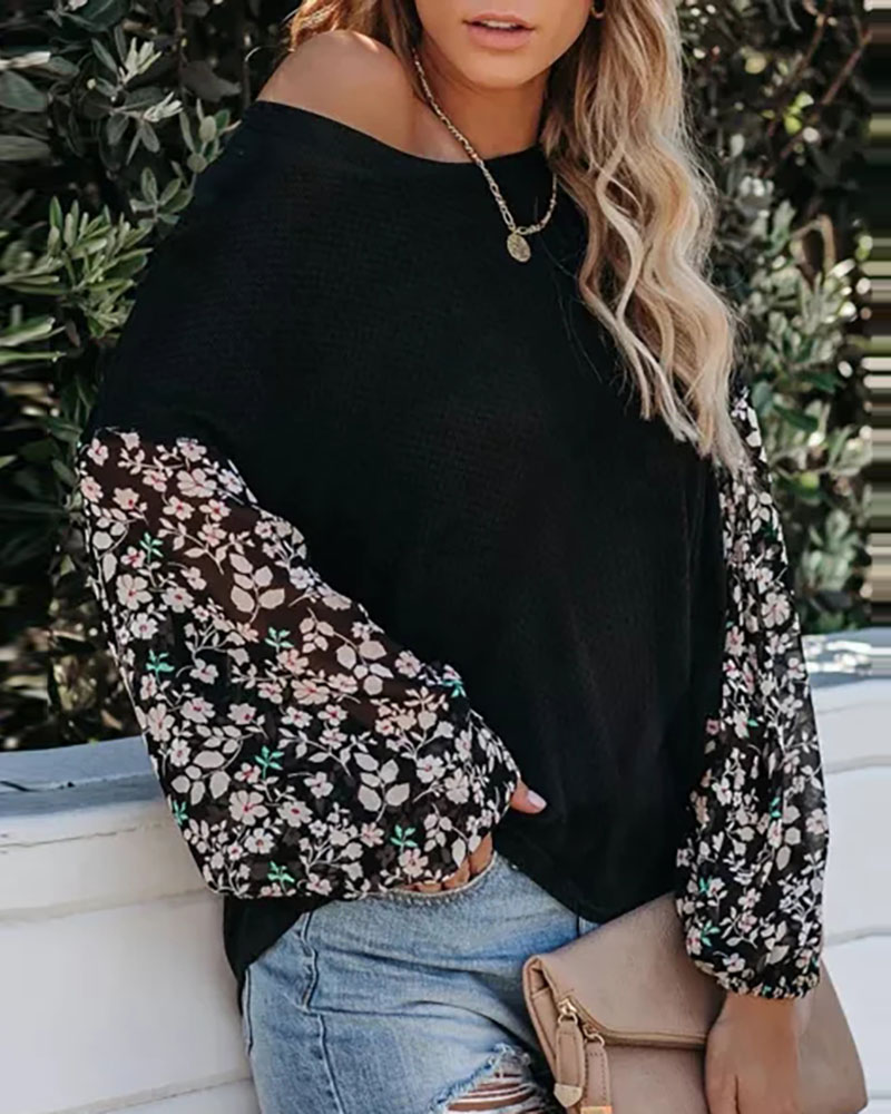 

Floral Print Mesh Lantern Sleeve Top, Black
