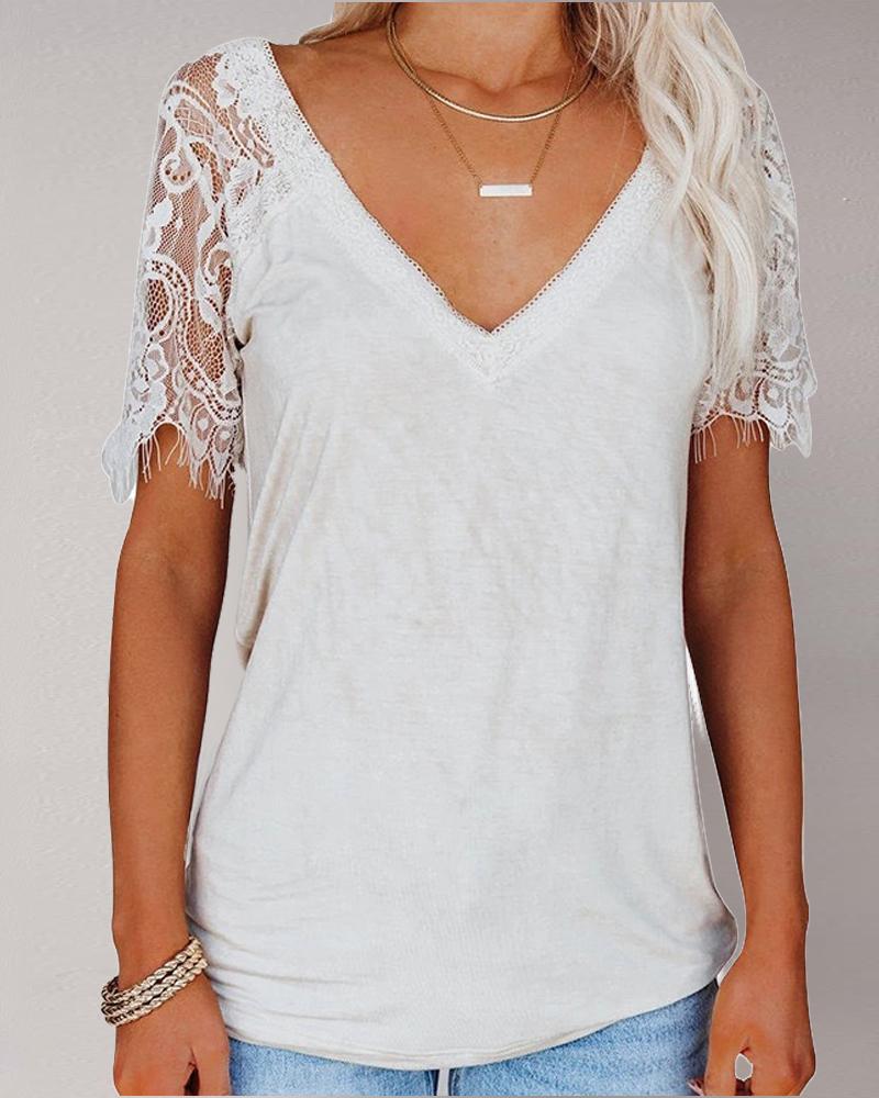 

Contrast Lace V-Neck Short Sleeve T-shirt, White
