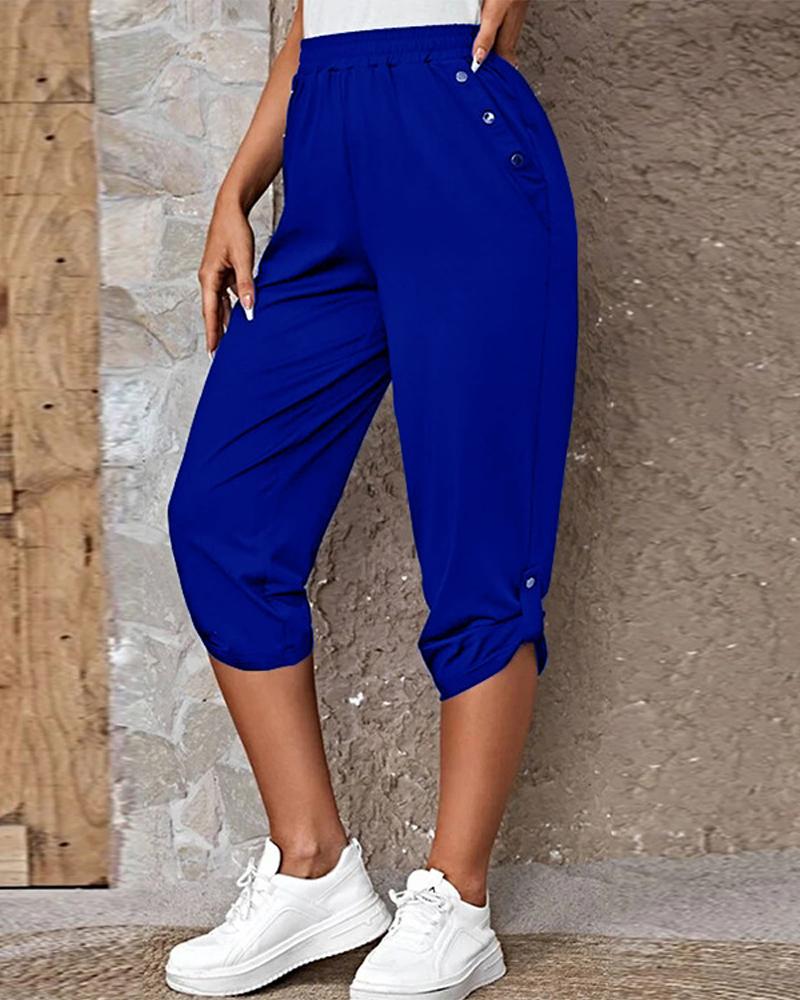 

High Waist Buttoned Pocket Design Pants, Blue