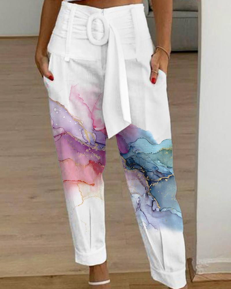 

Marble Print High Waist Belted Pocket Design Pants, Multicolor