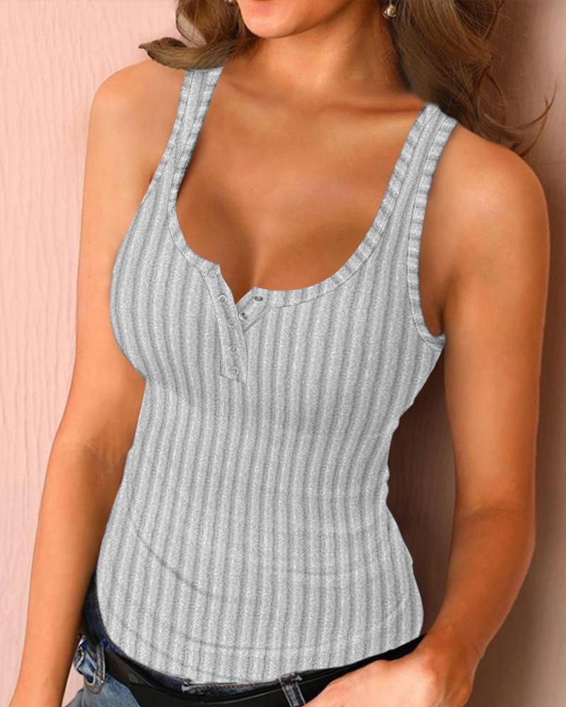 

U-Neck Snap Button Ribbed Tank Top, Gray