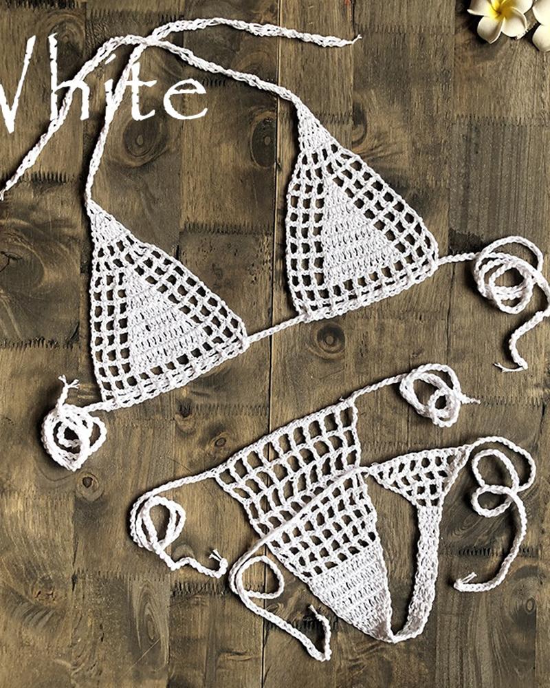 

See-through Solid Color Hollow-out Weave Halter Sleeveless 2-Piece Bikini Sets, White