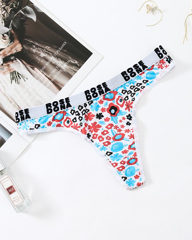 

Letter & Floral Print Low Waist Skinny Sexy Short Panties, Blue
