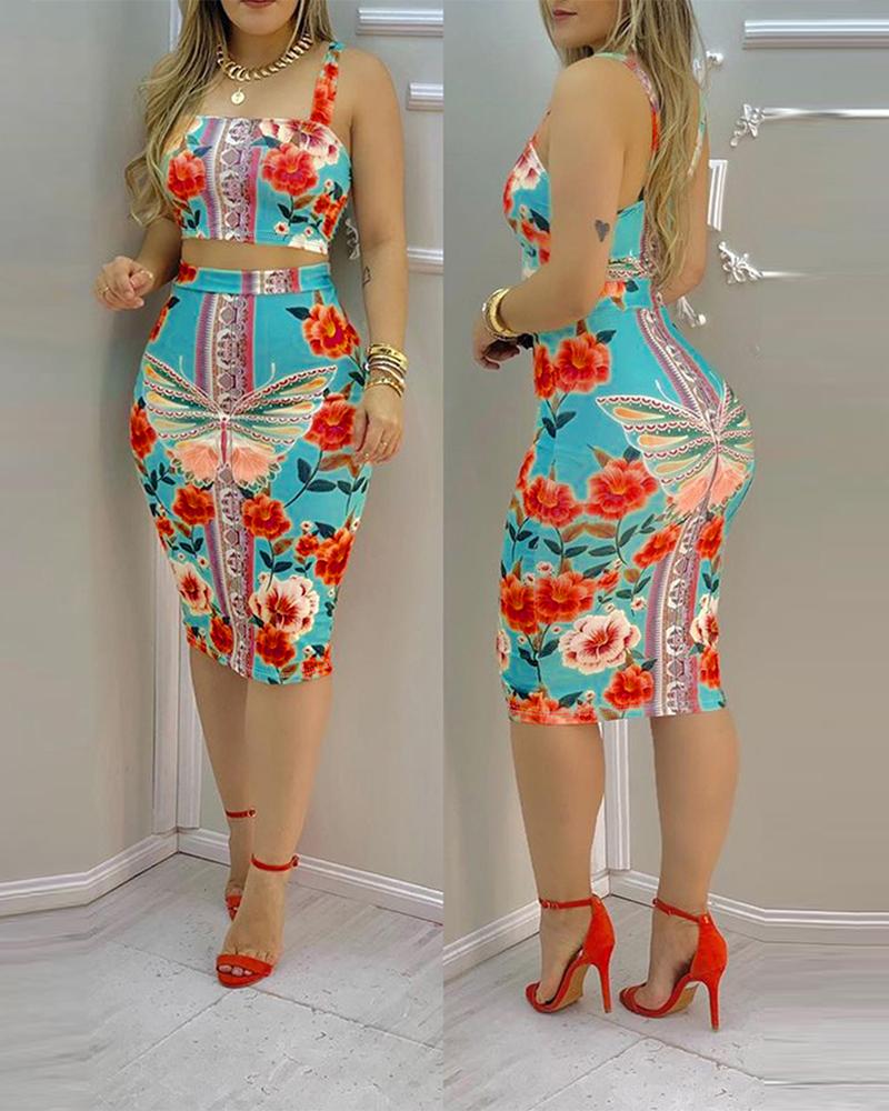 

Floral Butterfly Print Crop Top & Midi Skirt Set, Blue