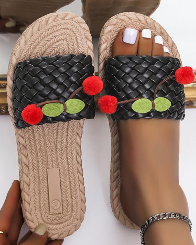 

Cherry Pattern Braided One Strap Slippers, Black