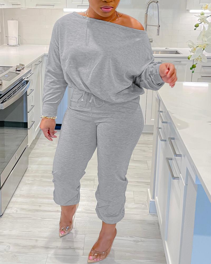 

Plus Size Skew Neck Top & Drawstring Pants Set, Gray