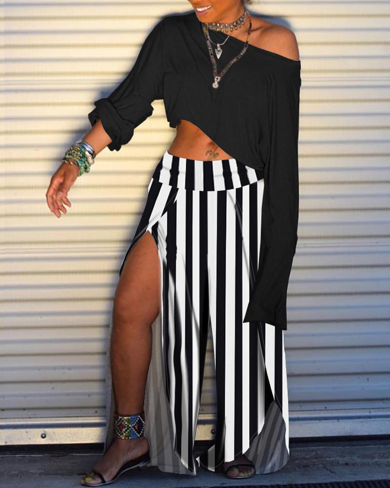 

Plain Top & Striped Print Slit Pant Sets, Black