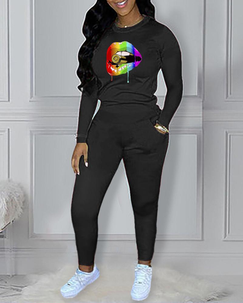 

Lip Print Long Sleeve Casual Top & Pants Set, Black