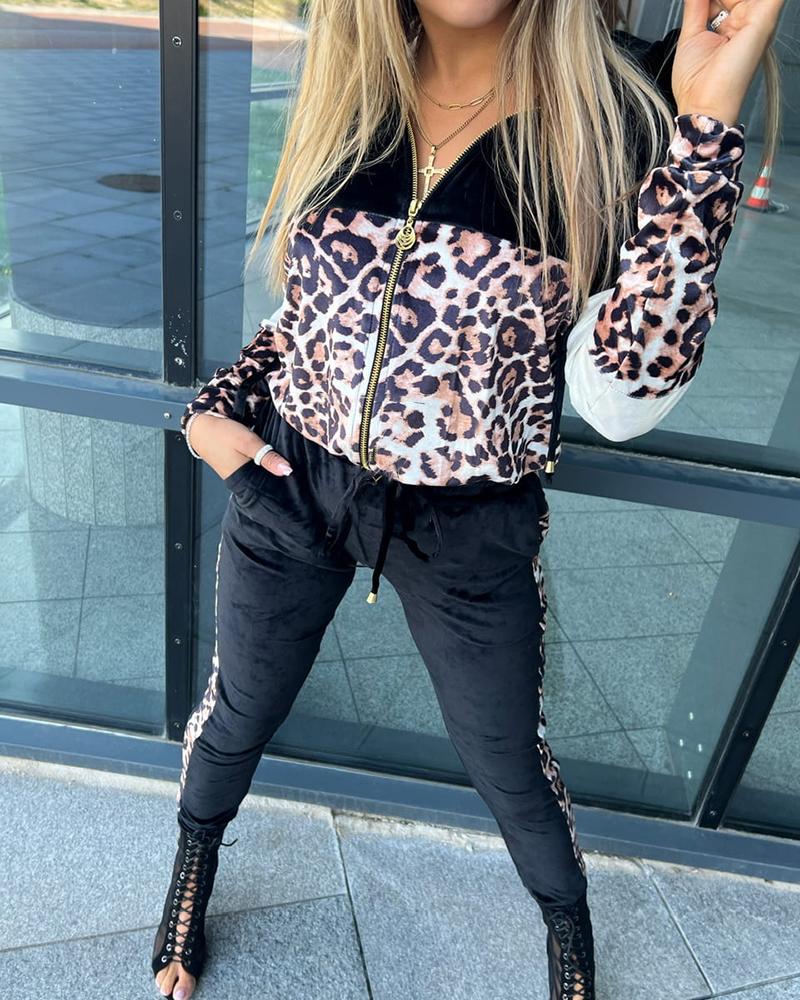 

Colorblock Leopard Print Hooded Top & Drawstring Pants Set, Black