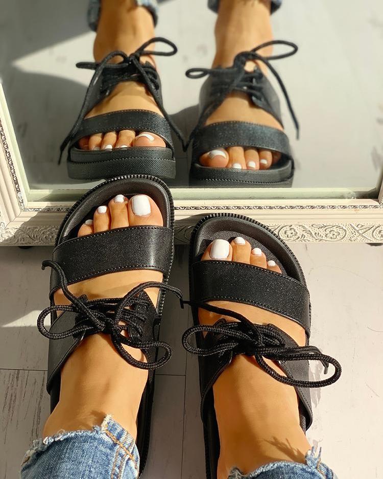 

Lace-Up Double Strap Open Toe Flat Sandals, Black
