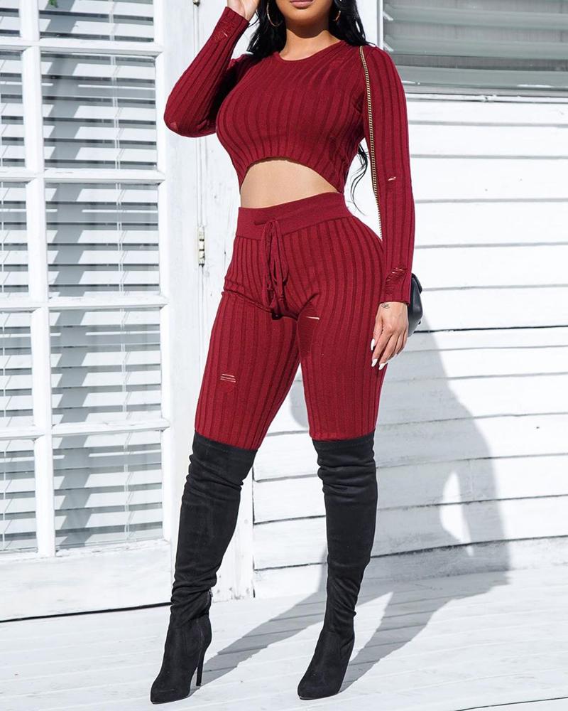 

Ribbed Long Sleeve Hooded Crop Top & Pants Set, Red