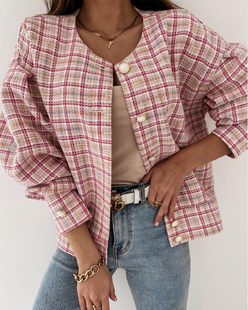 

Plaid Single Breasted Drop Shoulder Bomber Jacket, Pink