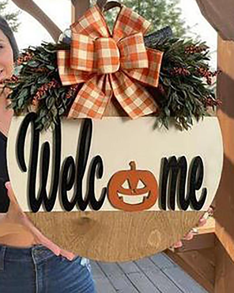 

Pumpkin Welcome Wreath Sign Door Hanger Wooden Halloween Thanksgiving Fall Hanging Sign For Front Door Porch Mantel Wall Decoration, Style1