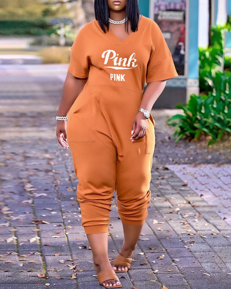 

Letter Print V-Neck Short Sleeve Pocket Design Jumpsuit, Orange