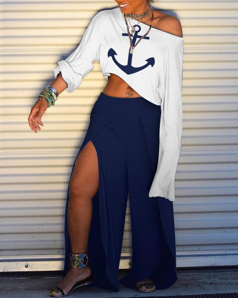 

Anchor Print Long Sleeve T-shirt & Slit Pant Sets, Purplish blue