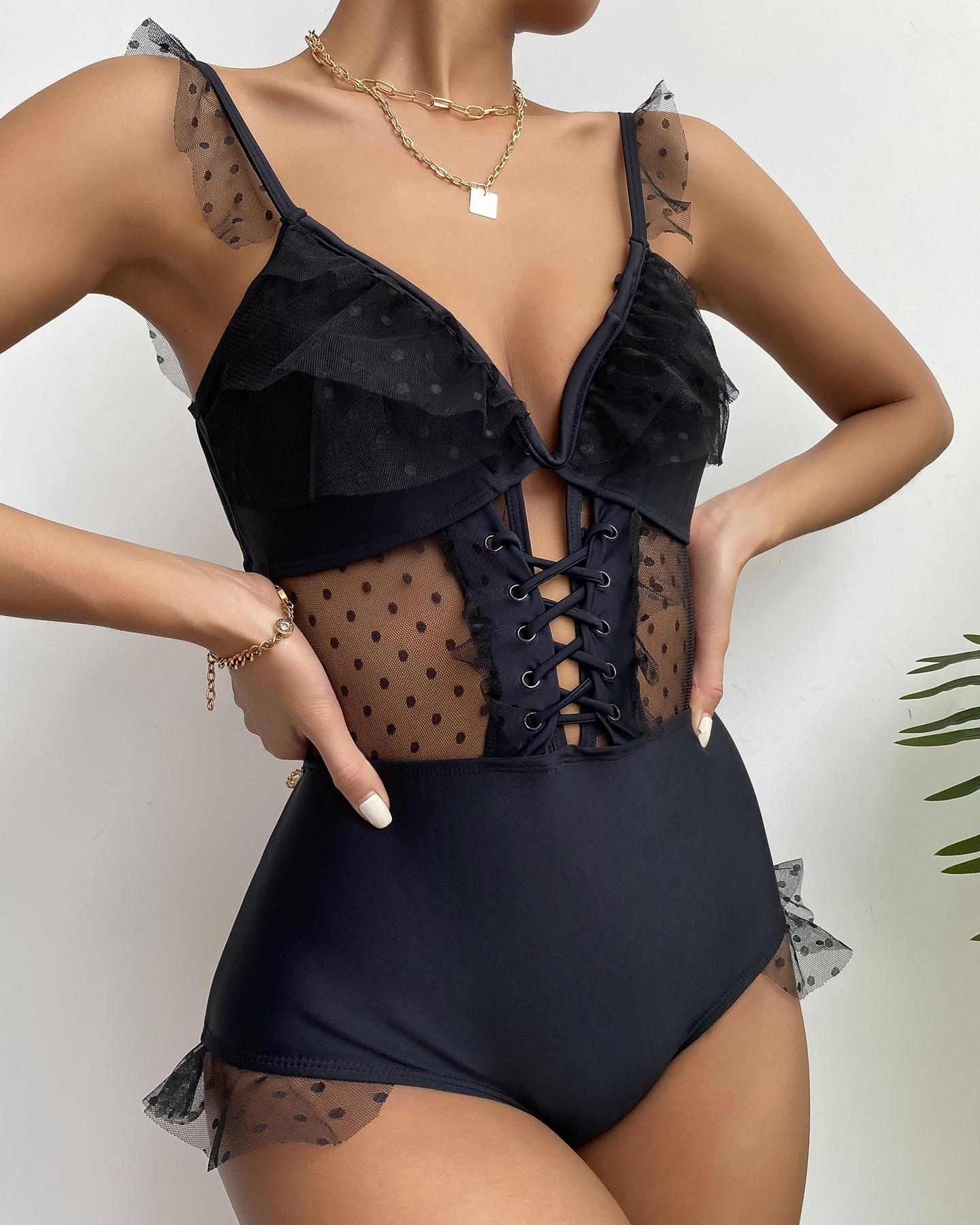 

Eyelet Lace-up Dot Mesh Ruffles One Piece Swimsuit, Black