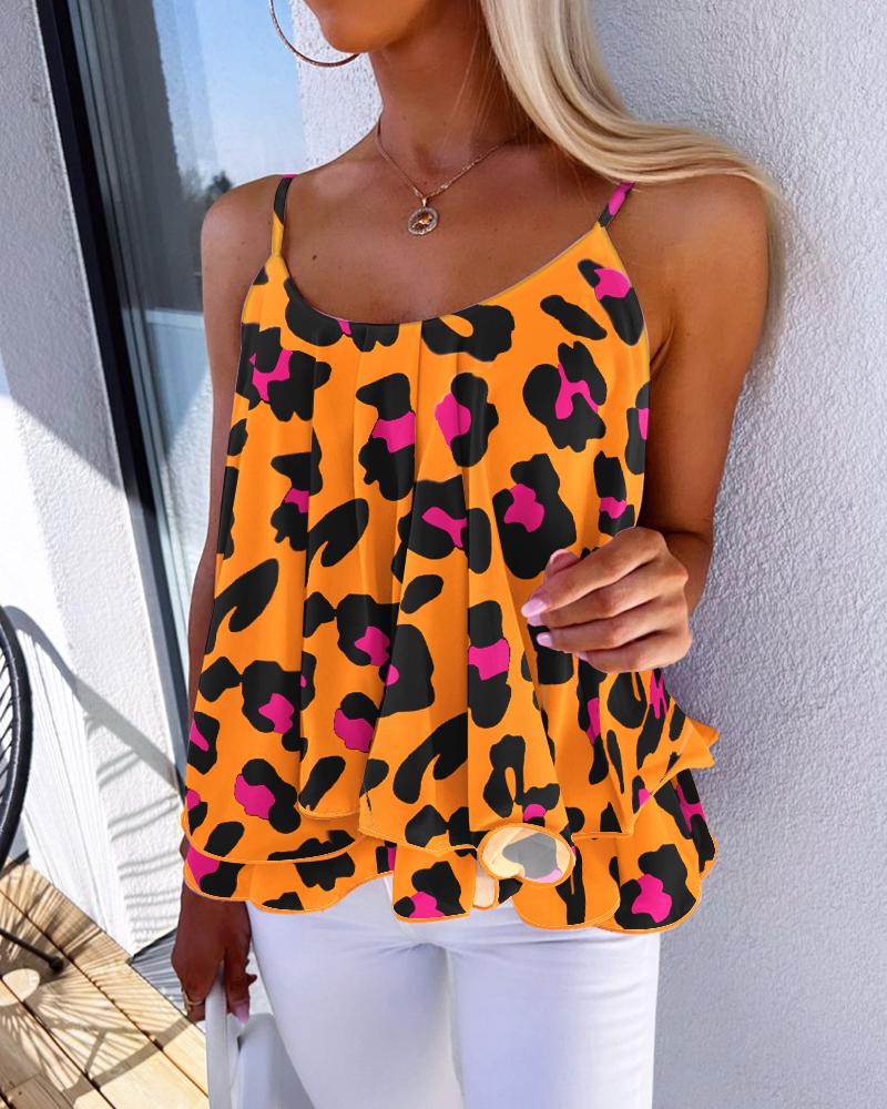 

Pink Leopard Print Ruffles Flowy Cami Top, Orange