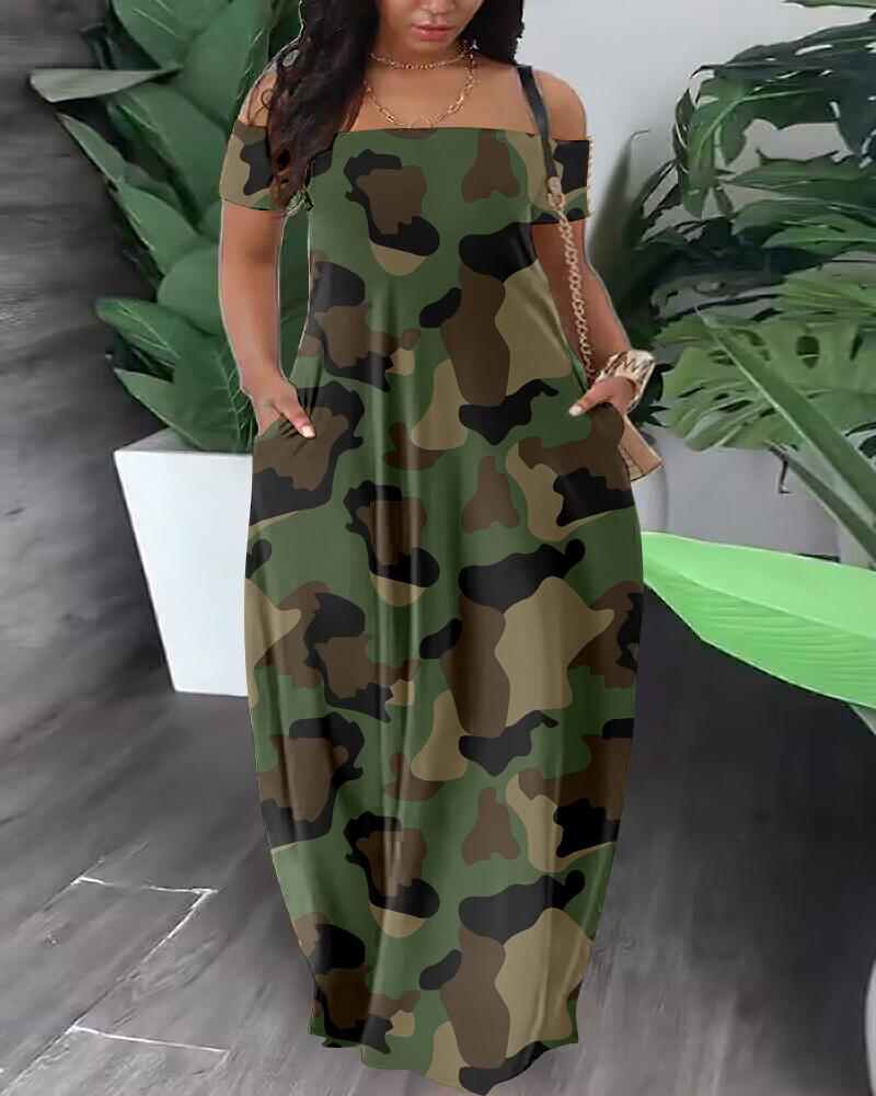 

Plus Size Camouflage Print Off Shoulder Maxi Dress, Camoflage