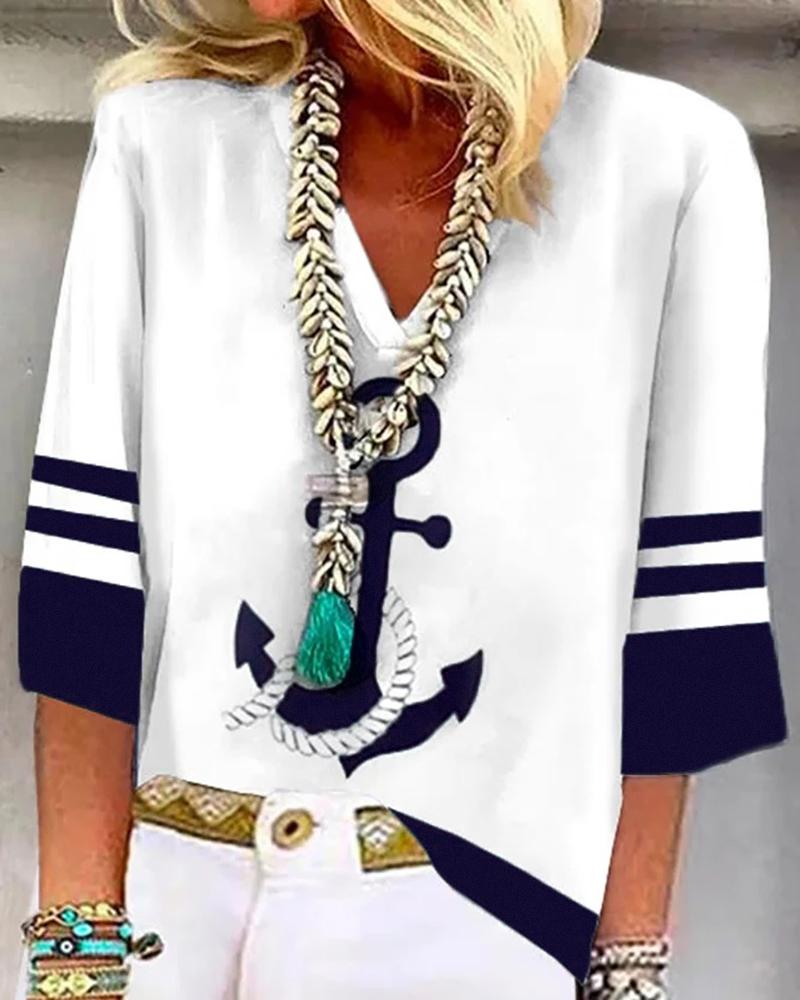 

Anchor Print Contrast Paneled V Neck Top, White