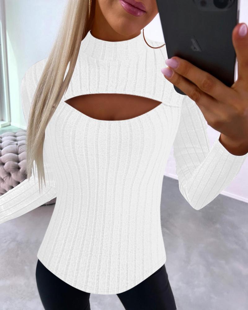 

Mock Neck Cutout Long Sleeve Ribbed Top, White