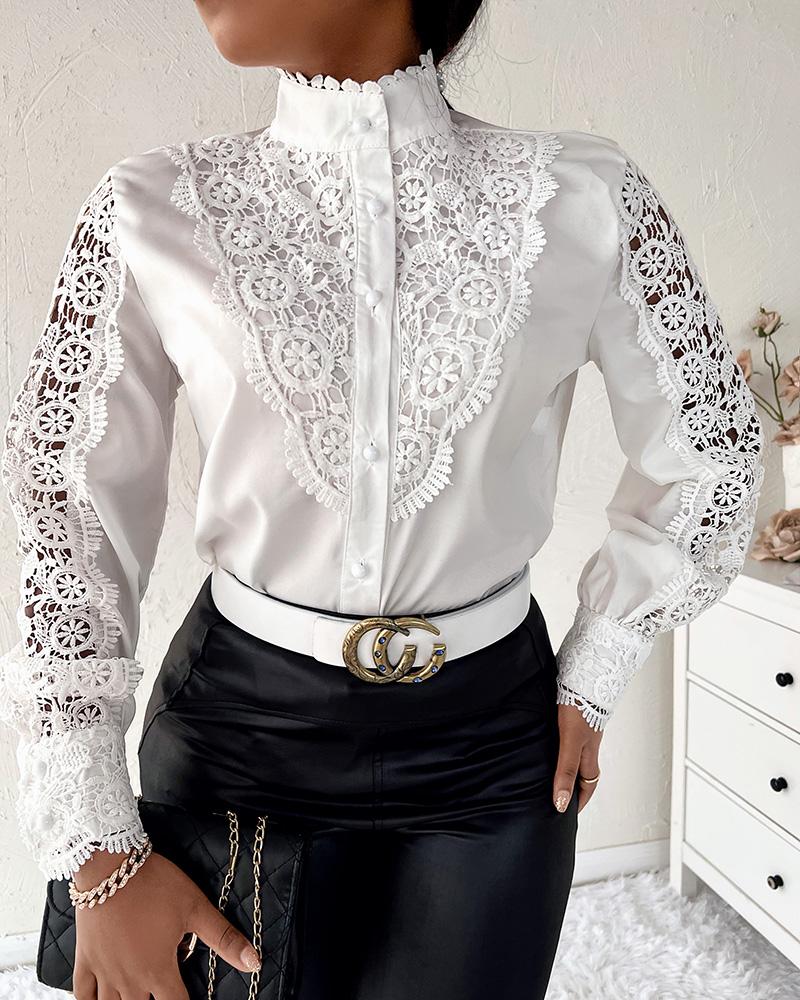 

Guipure Lace Lantern Sleeve Button Design Blouse, White