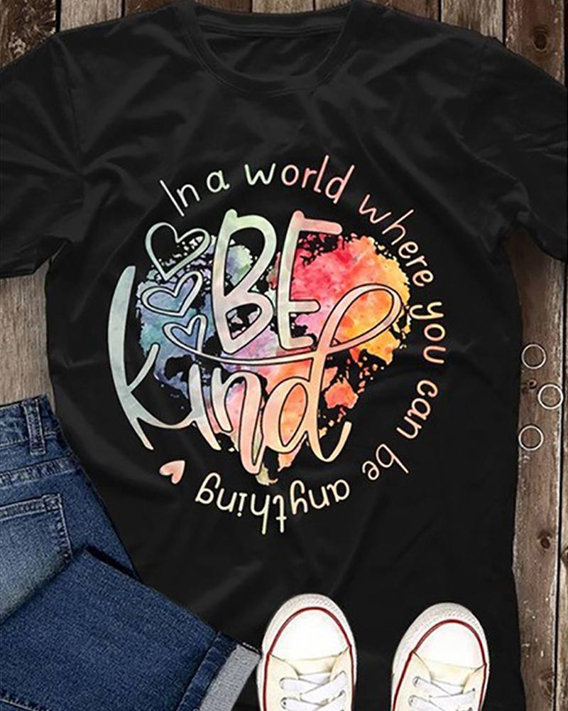 

Heart Letter Print Short Sleeve T-shirt, Black
