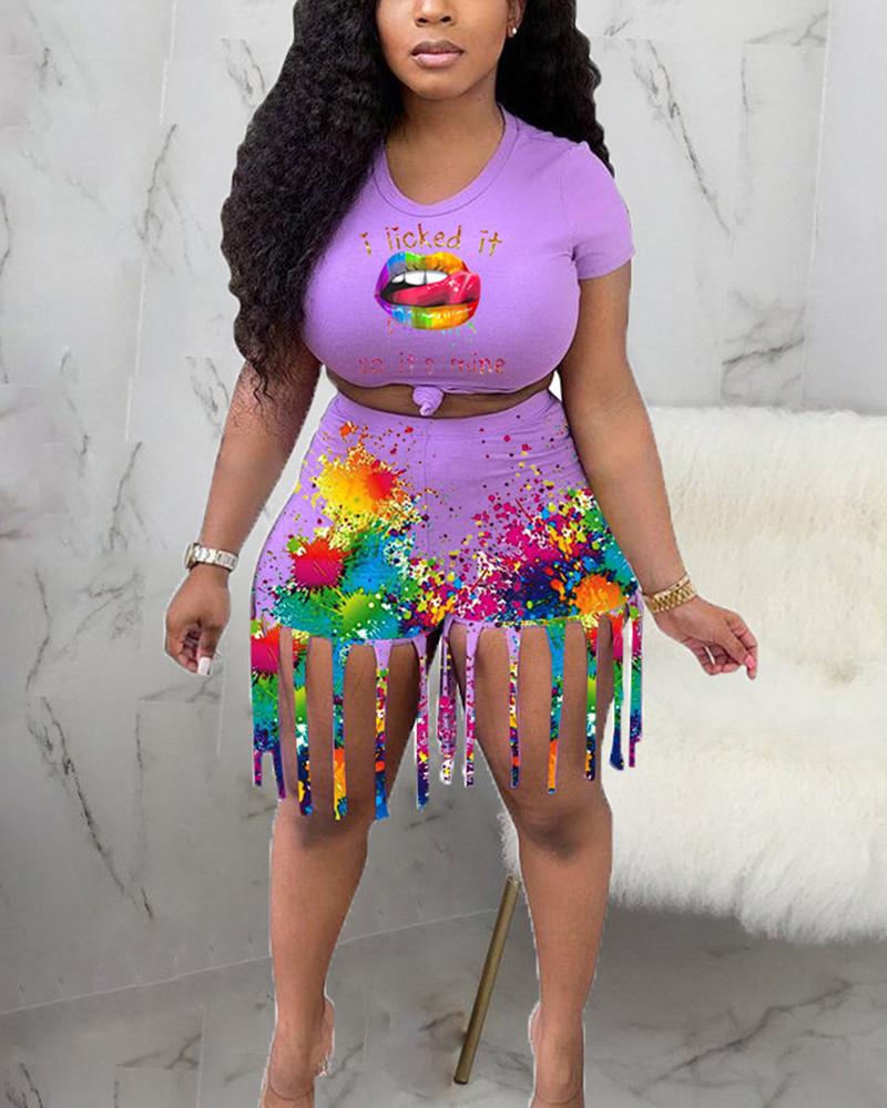 

Mouth Print Ink Splash Top & Fringe Skirt Sets, Purple