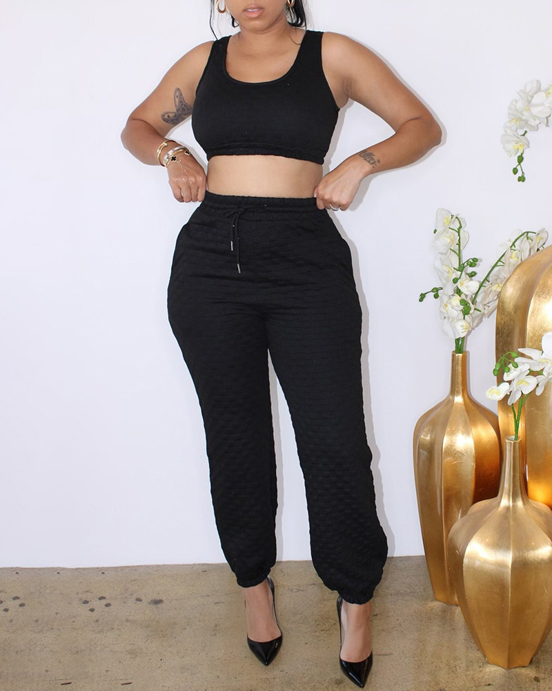 

Tank Top & Pocket Design Pants Set With Coat, Black