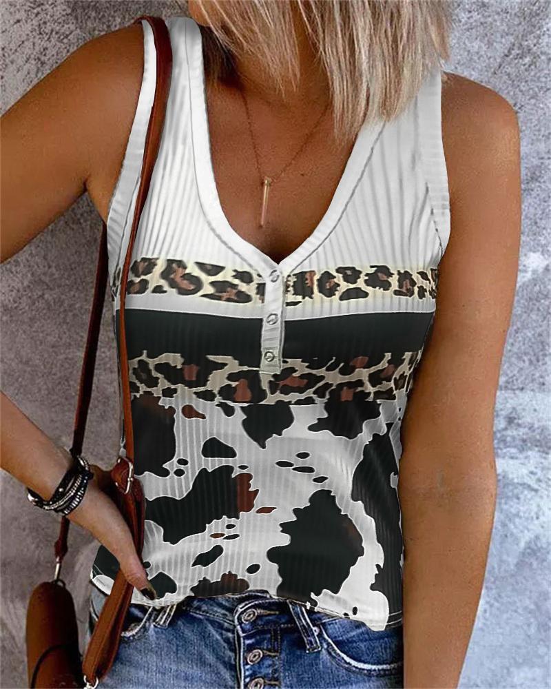

Leopard Print Button Front Tank Top, Gray