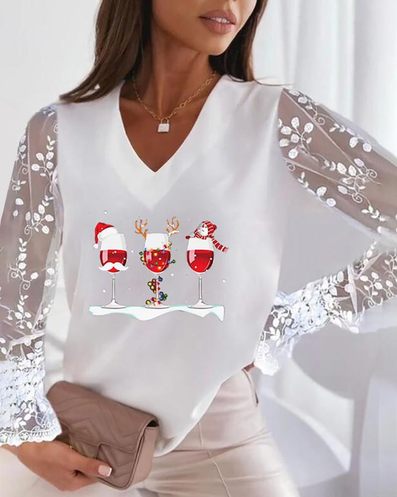 

Christmas Wine Glasses Snowman Print Sheer Mesh Lace Top, White