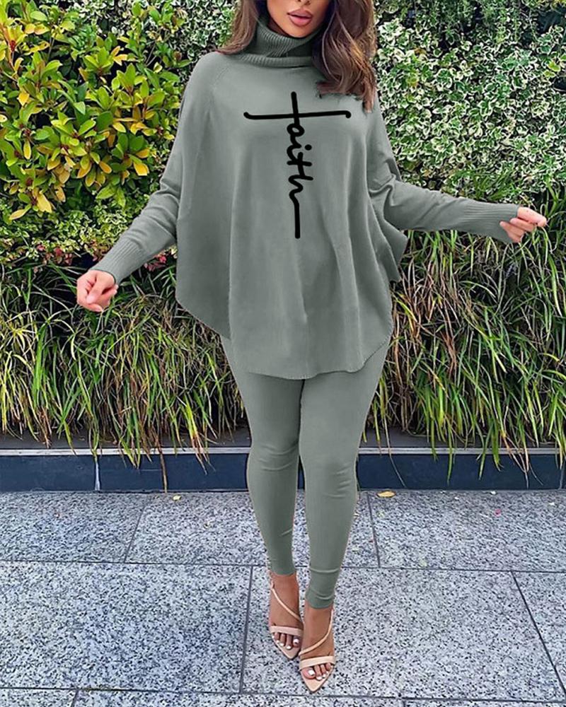 

Plus Size Letter Print Batwing Sleeve Top & Pants Set, Gray