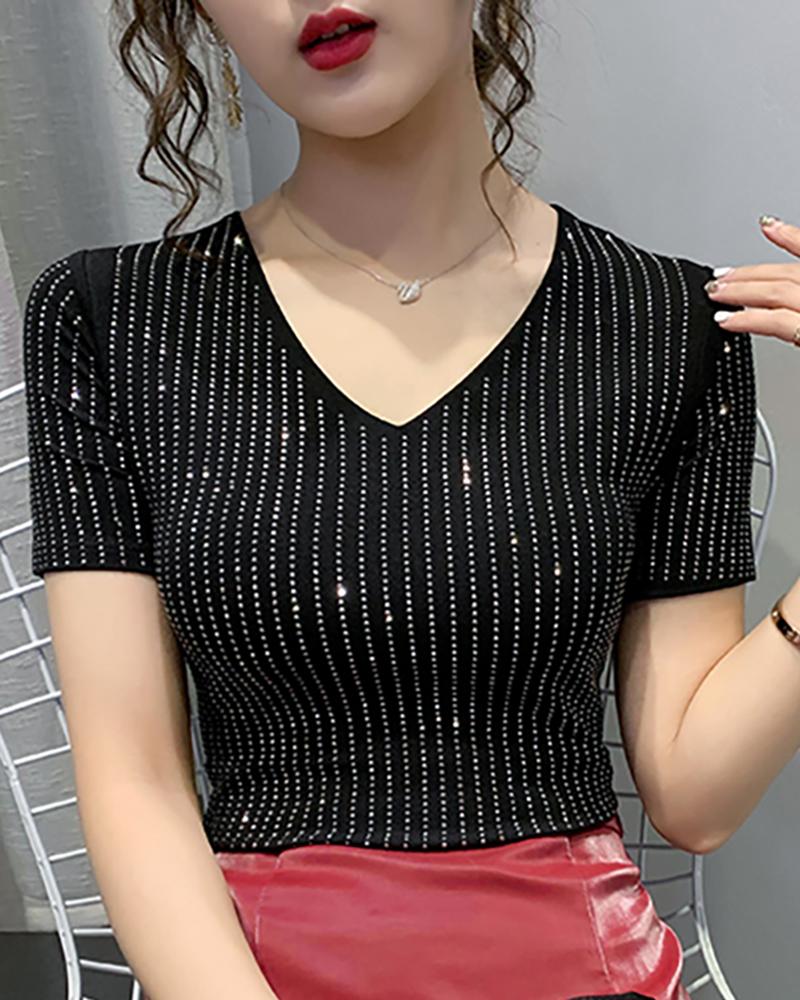 

V-neck Short Sleeve Studded Blouse, Black