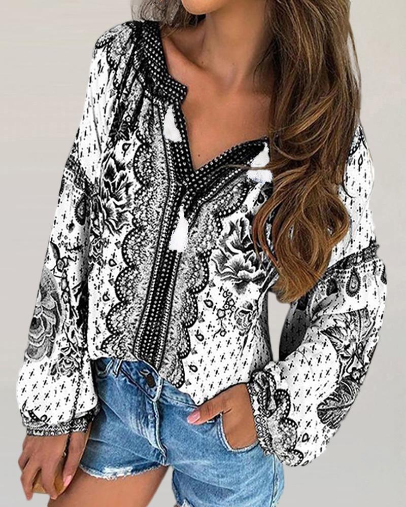 

Ethnic Print V-neck Long Sleeve Blouse, Black