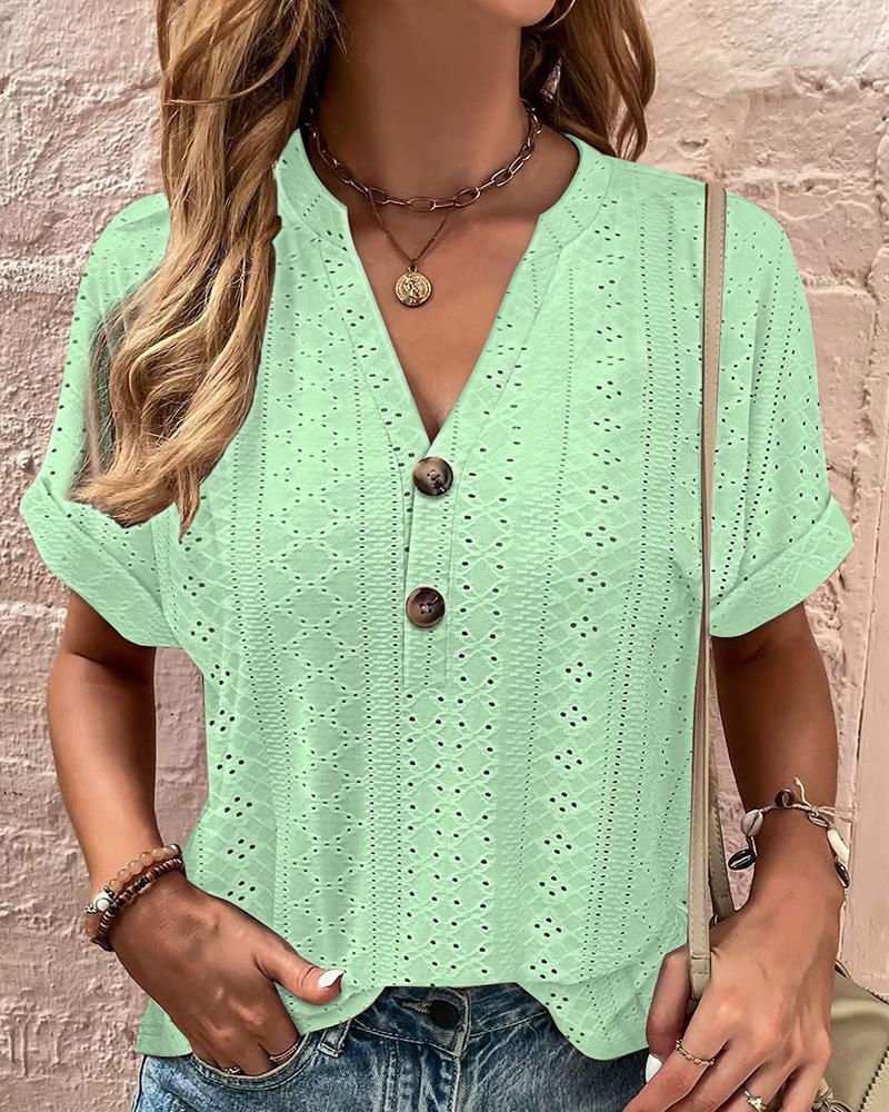 

Eyelet Embroidery Buttoned Casual T-shirt, Green