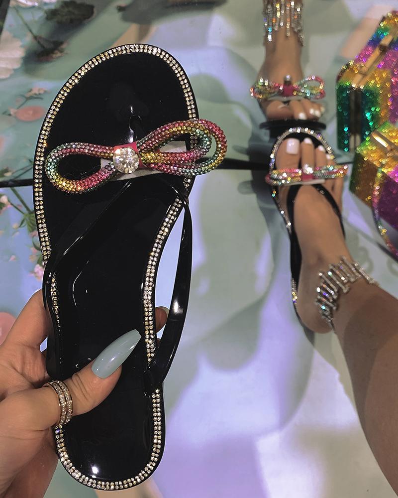

Bowknot Pattern Rhinestone Flip Flops, Black