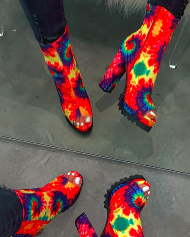 

Peep Toe Snakeskin Print Chunky Boots, Multicolor