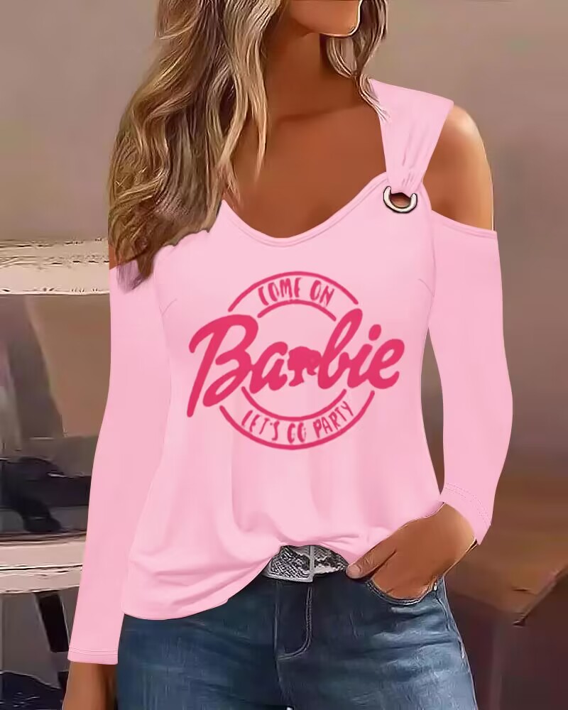 

Come On Barbie Let' Go Party Print Cold Shoulder Eyelet Casual Top, Pink