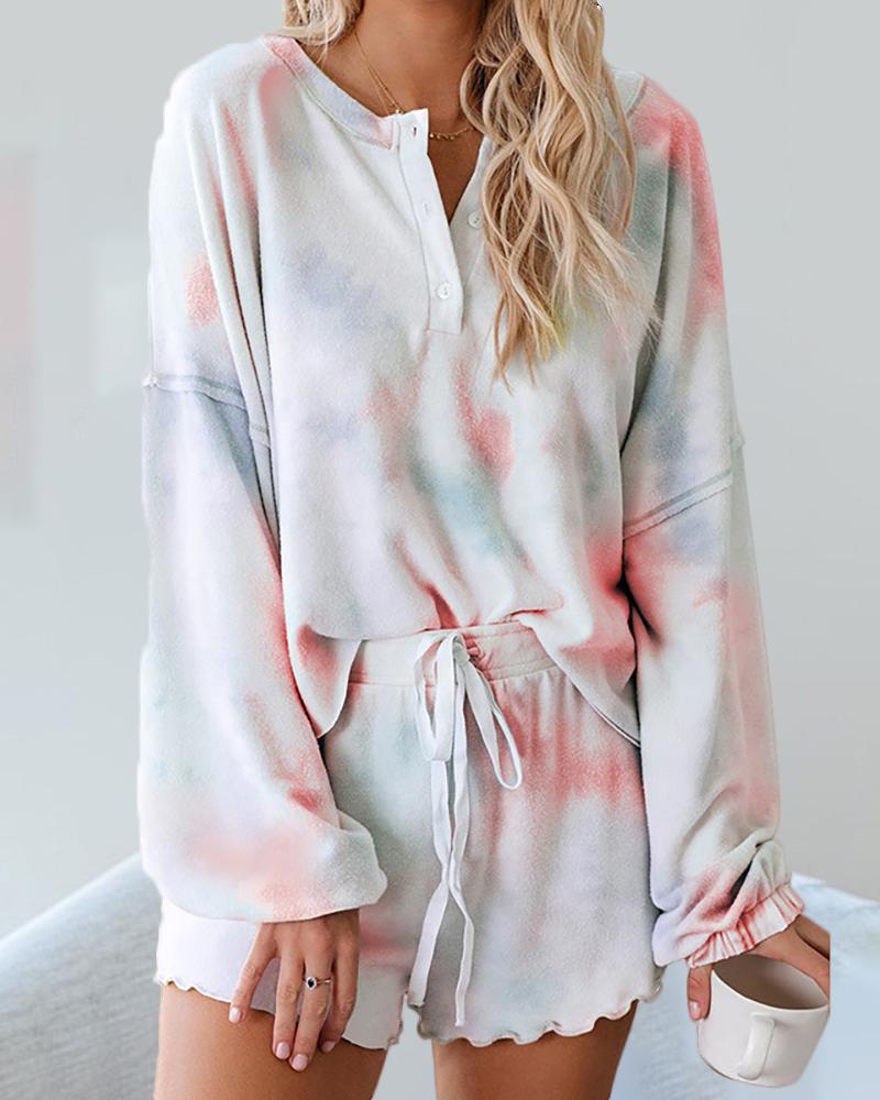 

Tie Dye Print Long Sleeve Pajamas Set, Multicolor