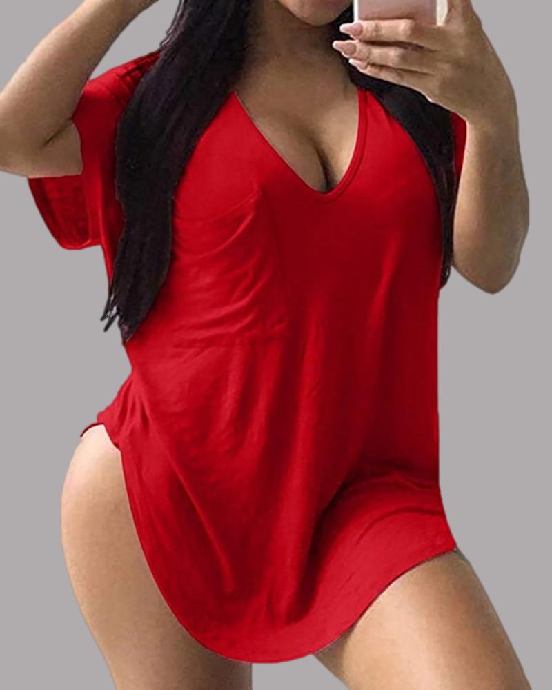 

V Neck Short Sleeve Casual T-shirt, Red