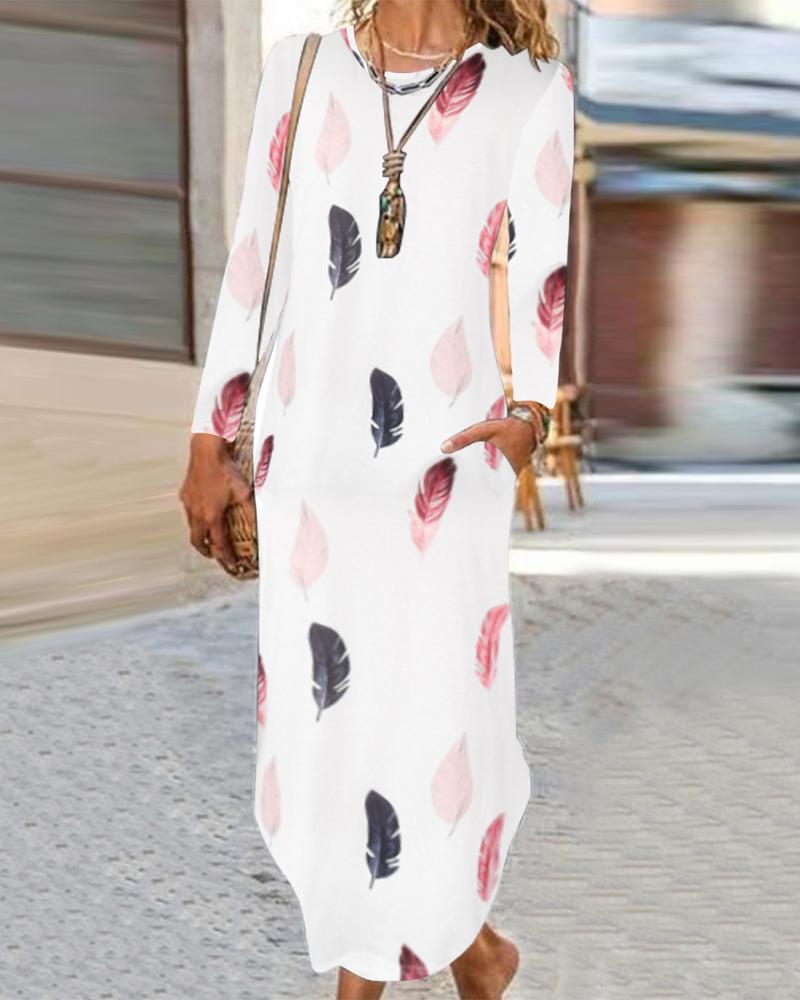 

Feather Print Curved Hem Long Sleeve Maxi Dress, White